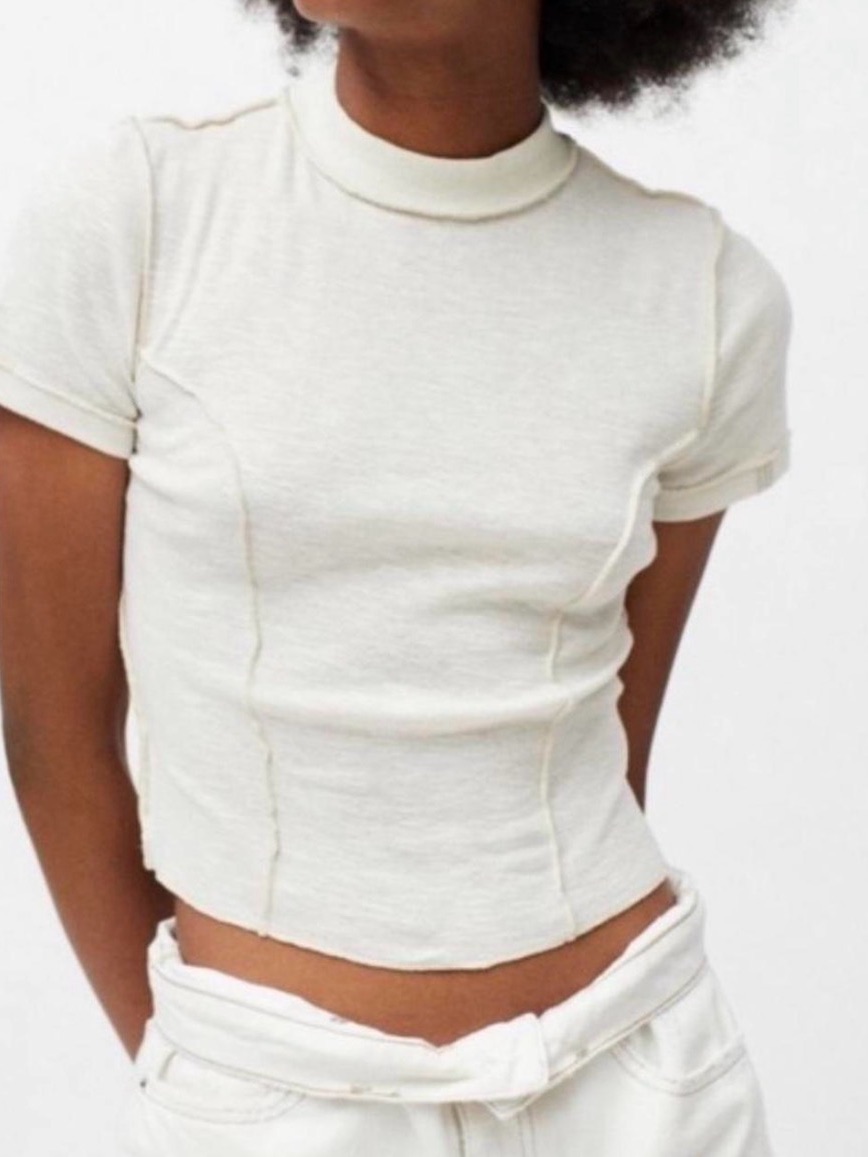 Urban Outfitters Bdg Mock Neck Short Sleeve Seamed Cropped Tee Ivory Sz Medium